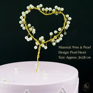 Golden iron wire heart cake topper with white faux pearls and crystal beads 9x18cm