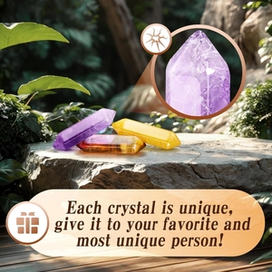 Natural hexagonal crystal pillars in purple and amber colors on a rustic stone pedestal