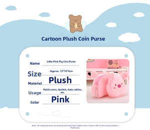Detail of pink plush pig coin purse with zipper closure and metal chain strap