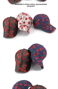 Detailed view of three baseball caps featuring custom cherry jacquard embroidery patterns