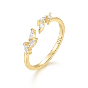 Detailed close-up of S925 sterling silver leaf ring with marquise gemstones and gold plating