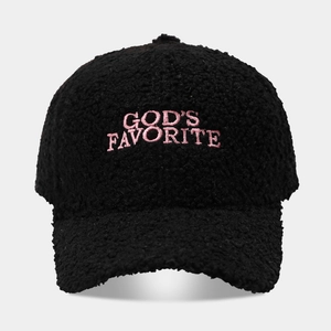 Schwarze Teddy-Fleece Baseballkappe mit rosa Stickerei God's Favorite für Damen