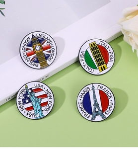 Detailed top view of vintage travel brooches featuring London and Paris landmarks