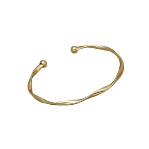 Minimalist gold twisted cable open bangle bracelet with a high-polished metallic finish