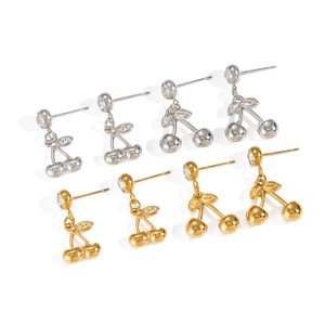 Elegant stainless steel cherry stud earrings in gold and silver finish with zircons