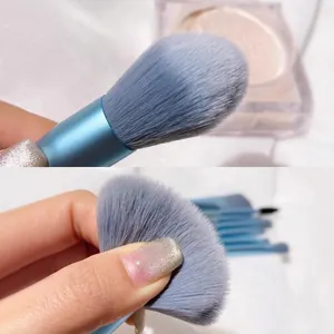 8pcs portable makeup brush set with soft blue bristles and metallic handles