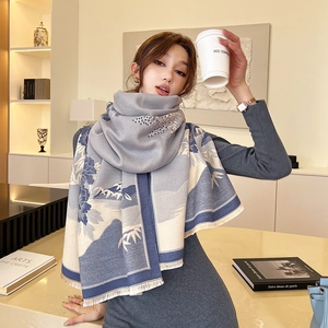 Elegant landscape and crane pattern pashmina scarf with tassels for winter warmth