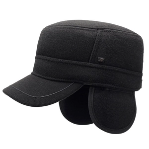 Classic men's black wool flat top winter hat with protective ear flaps and metal logo