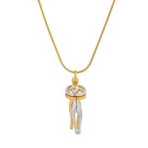 Detail of interlocking two-tone embrace pendant in gold and silver stainless steel