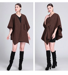 Detailed views of dark brown knit poncho wrap with a stylish tie-knot front styling