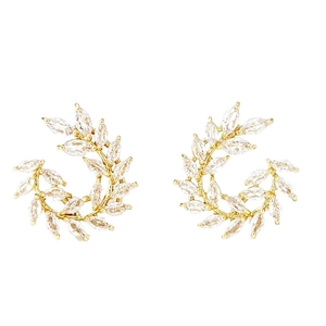 Golden wheat-leaf stud earrings with marquise-cut marquise-cut zircon inlays for women