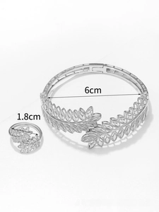 Silver leaf jewelry set featuring hollowed wheat pattern open bangle and matching ring