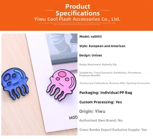 Detail of colorful jellyfish enamel pins showing secure butterfly clutch and pin backing