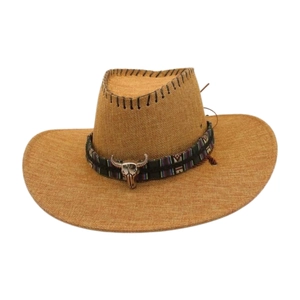 Western style straw cowboy hat in ginger yellow with ethnic band and bull head ornament