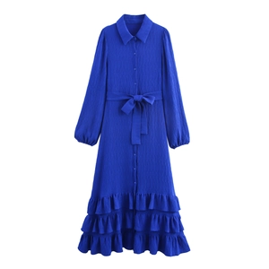 Damen Langarm Hemdkleid Elegant Royalblau Crinkle Textur Revers Button Down Bindegürtel Gestuftes Rüschen Maxi Kleid