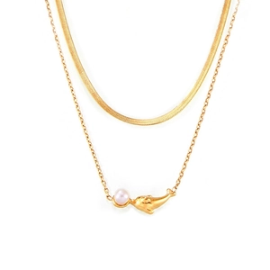 Collier Double Couche Avec Pendentif Dauphin Et Künstliche Perle D'imitation En Acier Titane Chaîne Serpent Bijoux Élégants