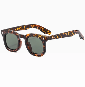 Detail of vintage tortoiseshell sunglasses with green lenses and metal rivets