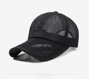 Close-up of black breathable mesh baseball cap with embroidered R logo and sporty texture