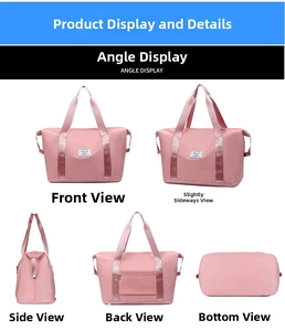 Detail view of pink waterproof nylon travel bag with trolley sleeve and multiple angles