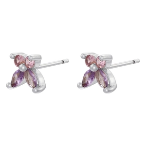 Macro shot of silver butterfly stud earrings with pink and purple crystal zircons