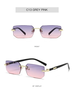 Close-up of rimless gradient purple sunglasses with golden metal temples, C13 Grey Pink