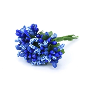 Macro detail of artificial blue berry cluster bundle for DIY wedding crafts and floral decor