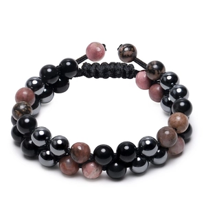 Bracelet Triple Protection Naturel Obsidienne Rhodochrosite Hématite Double Couche Réglable Tressé Perles Bijoux