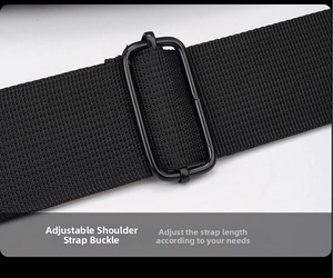 Detail view of the adjustable shoulder strap buckle on this black men's chest bag