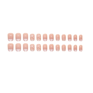 Short ballet cat-eye press-on nails with nude pink base, glitter tips and floral design