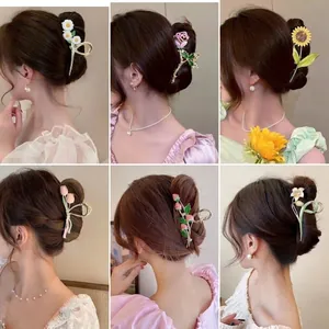 Flower Fruit Hair Claw Clips Alloy Enamel Faux Artificial Pearl Shark Clip Strong Hold Elegant Styling Hair Accessories For Women