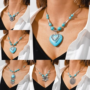 Bohemian Ethnic Turquoise Pendant Necklace Vintage Alloy Silver Tone Flower Heart Jewelry For Women
