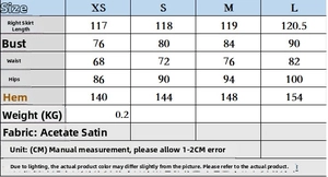 Detailed size chart for lace satin dress showing XS to L measurements in centimeters