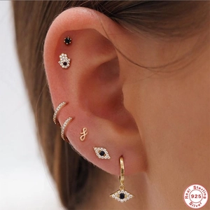 925 Sterling Silver Gold Earring Set featuring Hamsa Hand and Evil Eye with Black Zircon