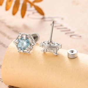 Silver stud earrings with light blue zircon stones and secure screw-back design