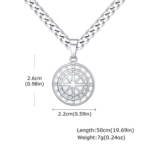 Detaillierte Maße der silbernen Edelstahl-Kompass-Halskette mit 50 cm langer Kette
