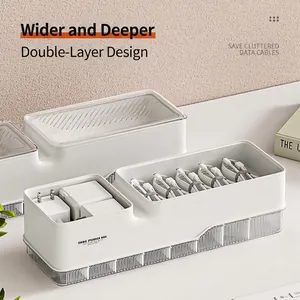 Cable Storage Box Double Layer Plastic Adjustable Divider Desktop Organizer Dustproof Lid For Charger Wire Management