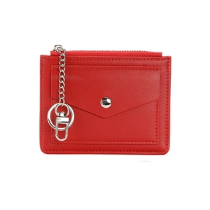 Red leather mini coin purse with zipper closure, snap front pocket and silver keychain