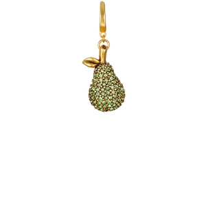 Detail shot of pear-shaped pendant with 18K gold plating and green zircon pave setting