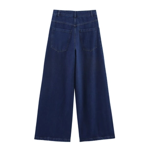 Jean femme taille haute à jambes larges en bleu foncé avec un design élégant au dos