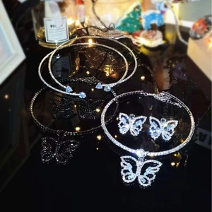 Close-up of butterfly jewelry set featuring sparkling rhinestones and pendant details