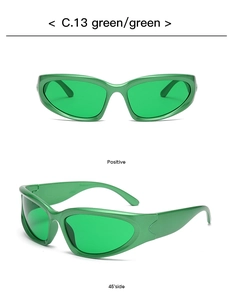 Front and 45-degree side view of Y2K neon green sports sunglasses with wrap-around frames