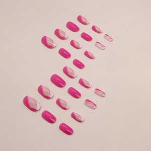 Oval hot pink wave press-on nails set with glossy finish on beige background