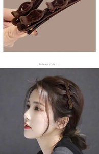 Detail of dark brown flocked hair clips for layered Korean style side braiding