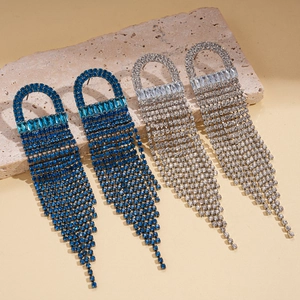 Elegant round jellyfish tassel earrings with inlaid zircon crystals in blue and silver