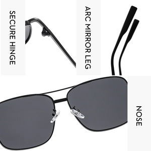 Detail of square pilot sunglasses showing secure metal hinges and arc mirror legs