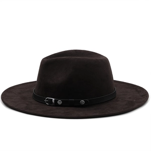 Detail of dark brown wide brim fedora with black leather belt and silver metal buckle