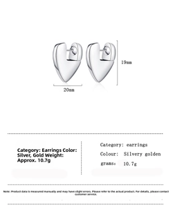 Detailed size specifications for heart-shaped silver earrings measuring 19mm by 20mm