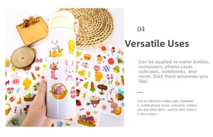 Easter stickers with cartoon bunny and eggs applied on a white water bottle surface