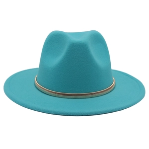 Teal wide brim cashmere fedora hat with a golden metal chain band on white background
