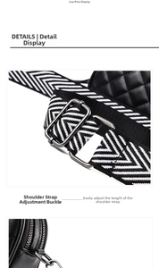Close-up of quilted crossbody bag with adjustable wide woven strap and metal buckle